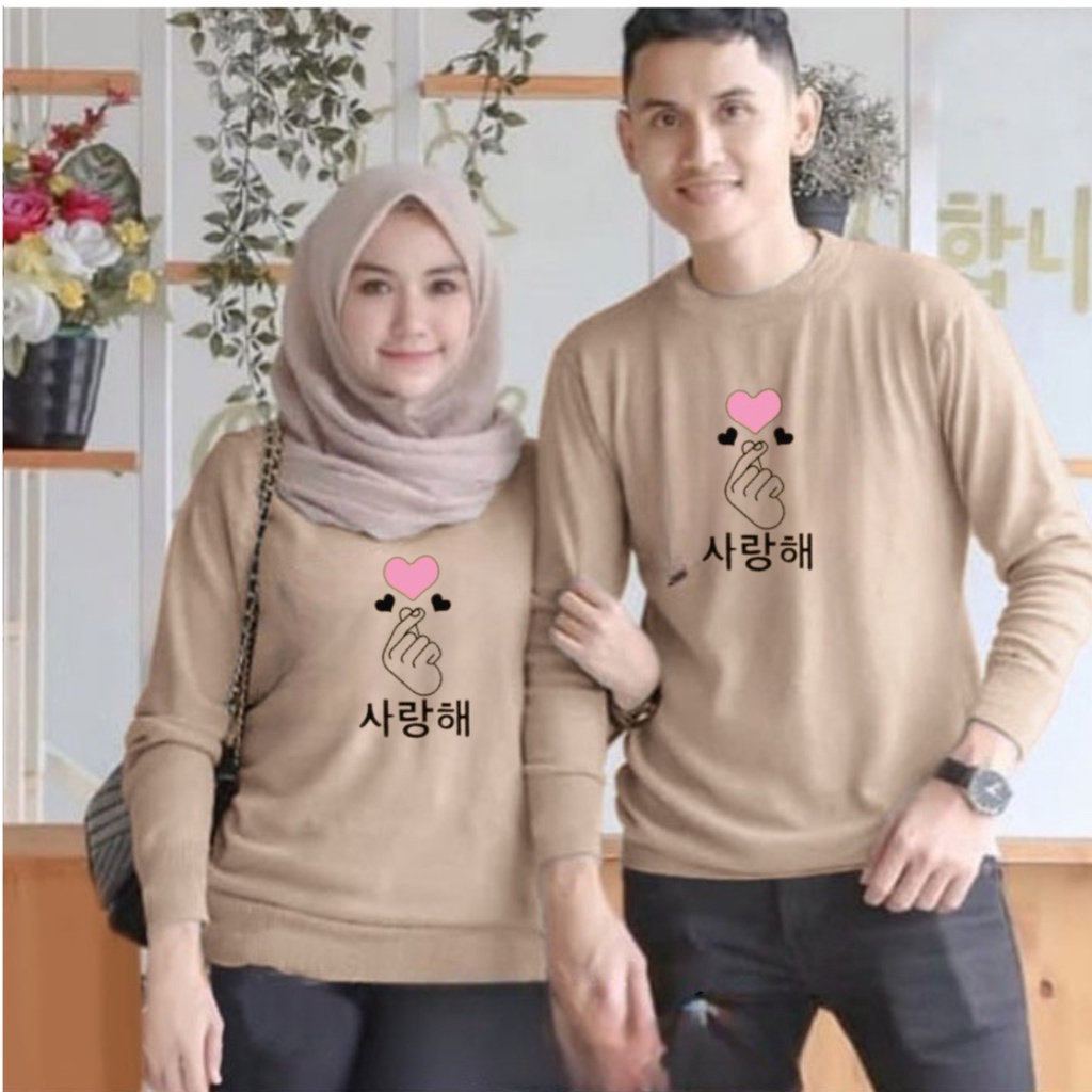 Baju lengan panjang couple saranghaeyo / baju distro trendy / baju terlaris / baju kekinian / harga sudah termasuk 2pcs