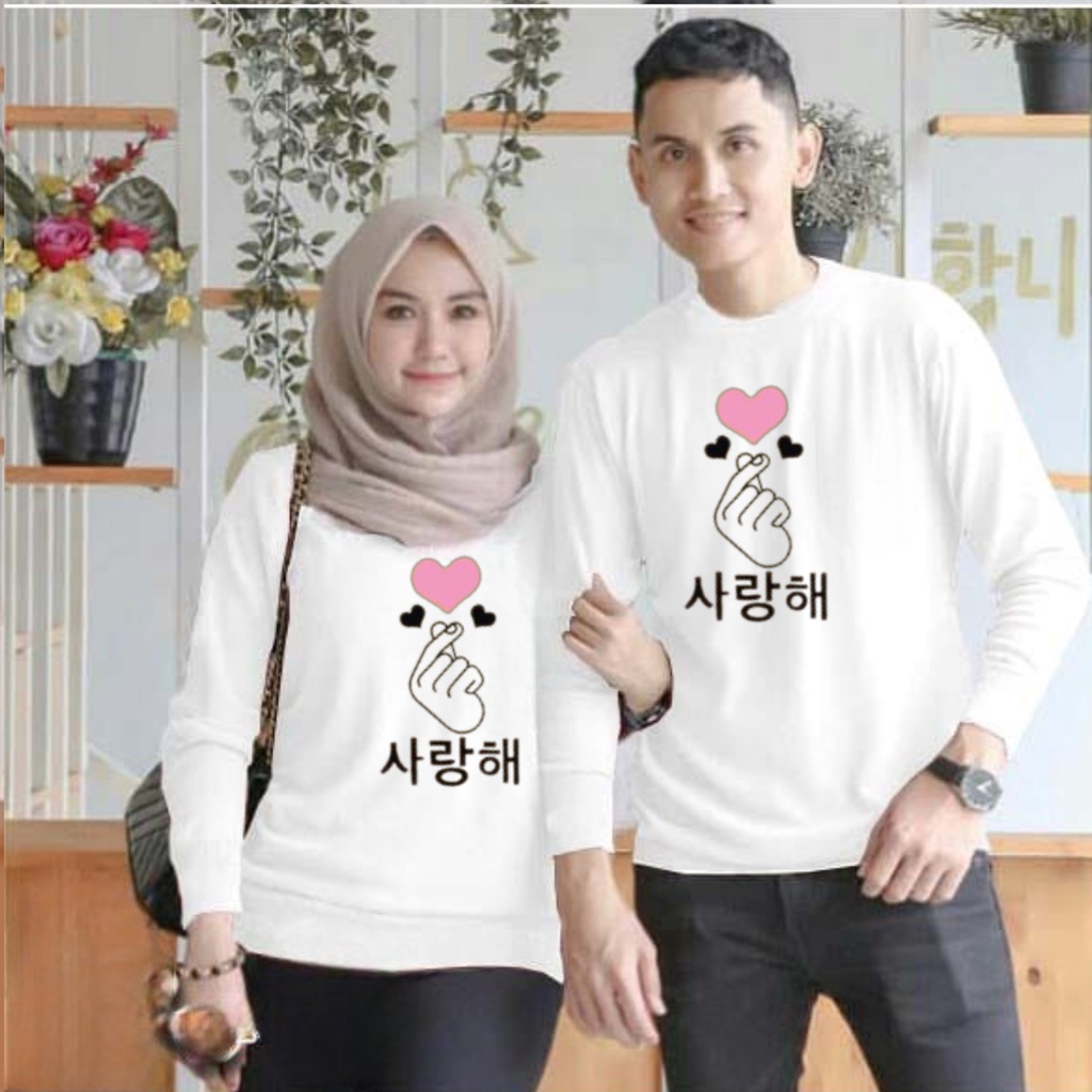 Baju lengan panjang couple saranghaeyo / baju distro trendy / baju terlaris / baju kekinian / harga sudah termasuk 2pcs