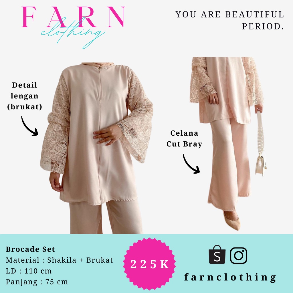 FARN Brocade Set Setelan Baju Muslim Kekinian Aksen Brokat Atasan Bawahan Celana Wanita Baju Lebaran