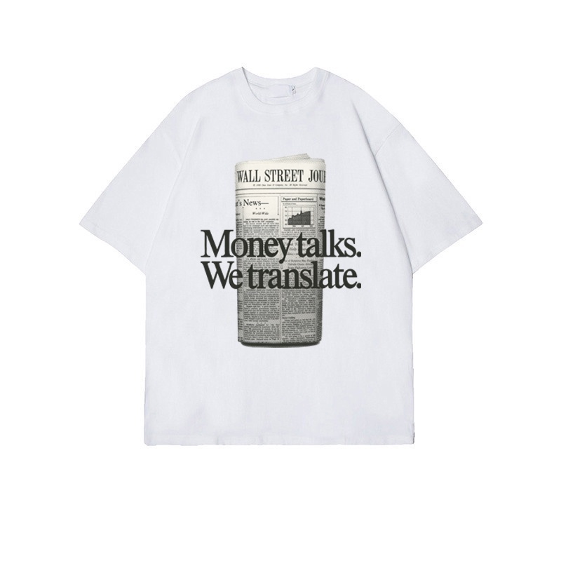 Baju Kaos Wanita Vintage Newspaper Motif Printed Lengan Pendek Oversize Import Kekinian Korean Style kemeja Putih