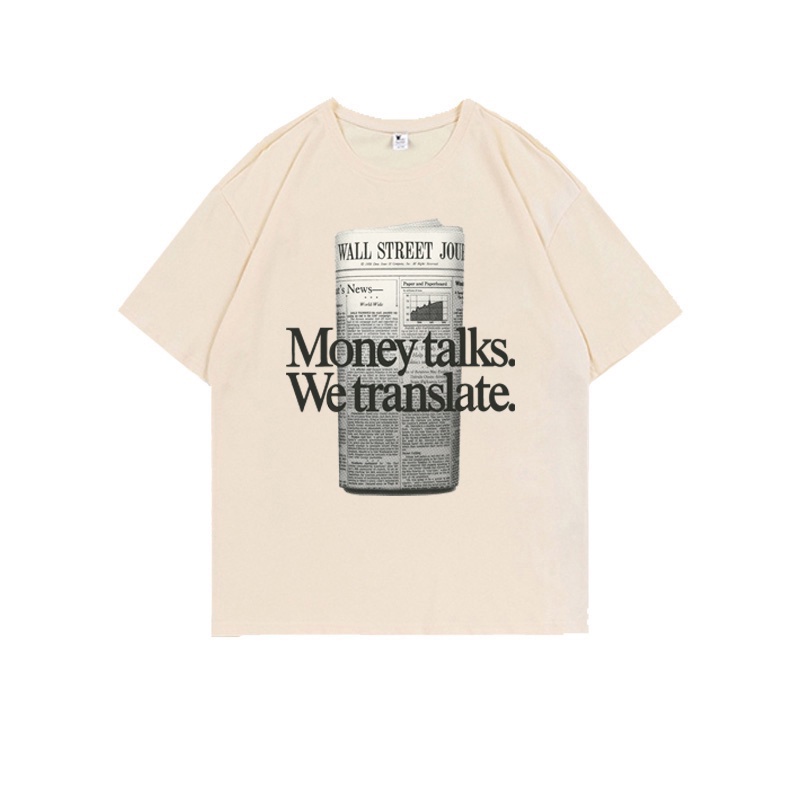 Baju Kaos Wanita Vintage Newspaper Motif Printed Lengan Pendek Oversize Import Kekinian Korean Style kemeja Putih