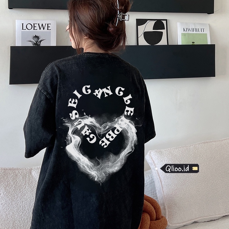 Print Washed T-shirt Kaos Lengan Pendek Oversize Hitam Retro Love Ink Korean Style Atasan Wanita