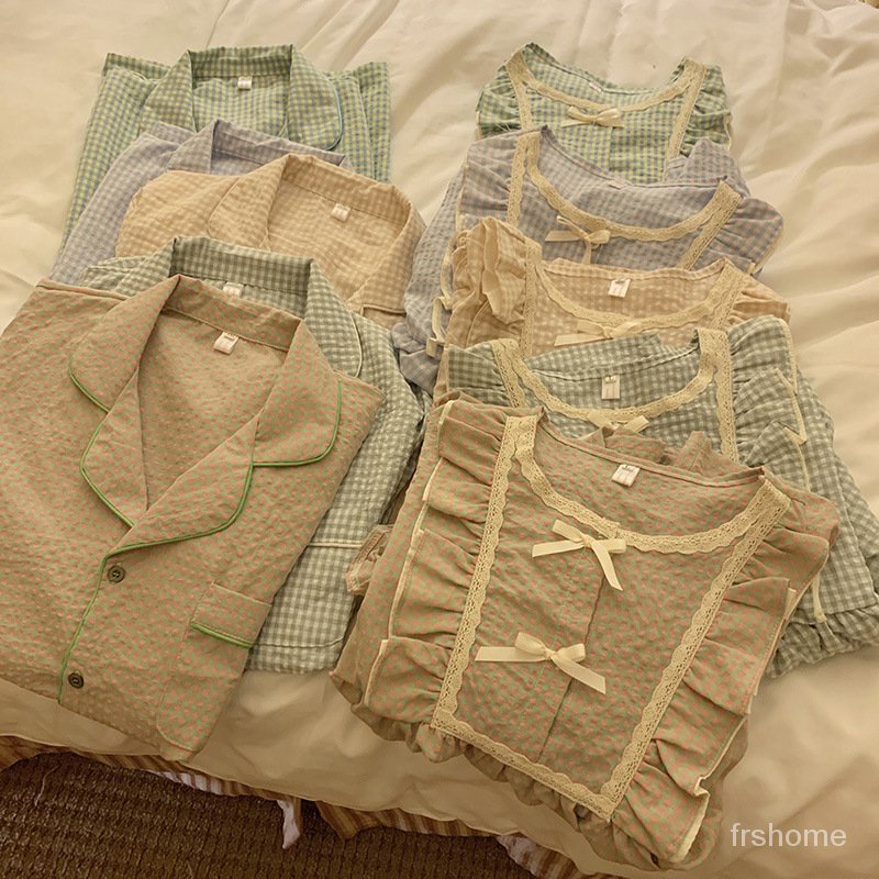piyama korea 5 Warna Couple's Ins versi Korea set piyama piyama bermotif kotak-kotak yang saling ber