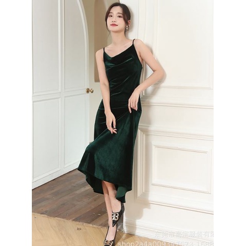 RSB DR380 Korean Velvet V Neck Long Dress Wanita Beludru