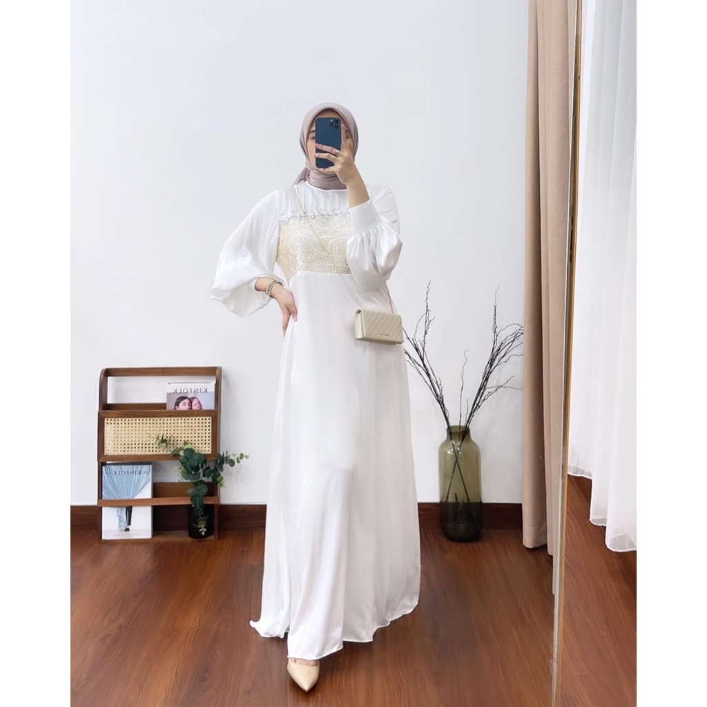 SYAHNAZ GAMIS LEBARAN KOMBINASI BROKAT MAXI DRESS WANITA SATIN SILK PREMIUM (MGA)