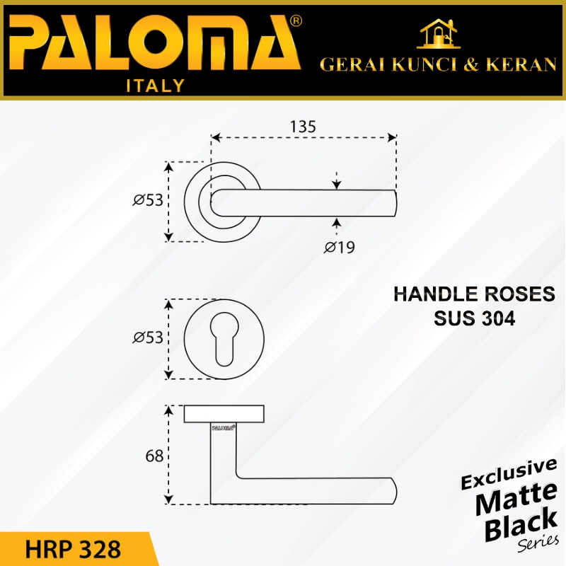 PALOMA HRP 328 HANDLE PINTU ROSES TOMER STAINLESS HITAM MATTE BLACK