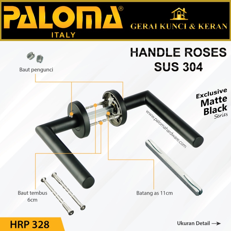 PALOMA HRP 328 HANDLE PINTU ROSES TOMER STAINLESS HITAM MATTE BLACK