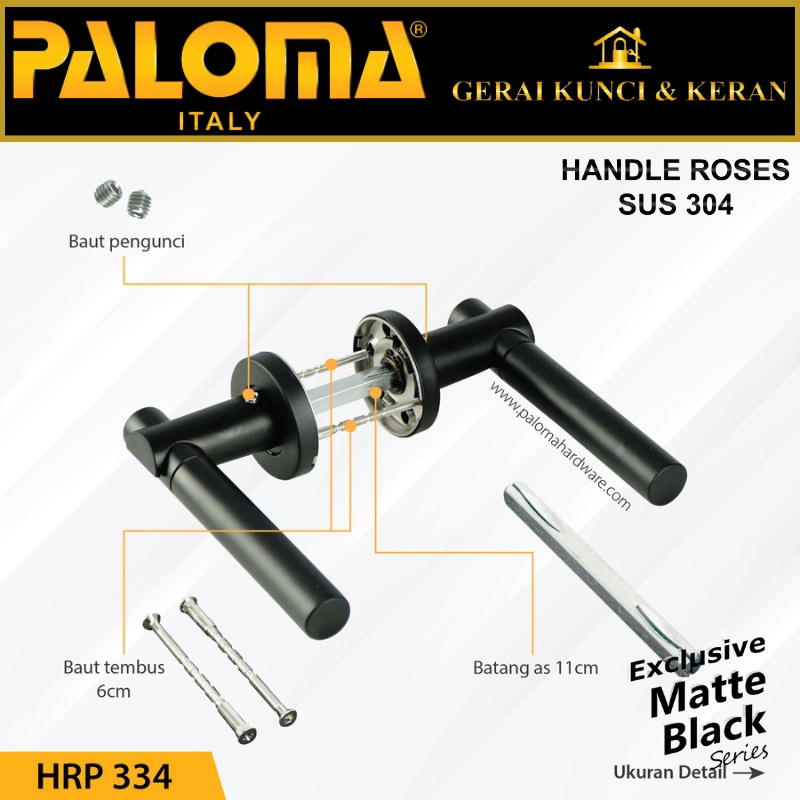 PALOMA HRP 334 HANDLE PINTU ROSES WIGAN STAINLESS HITAM MATTE BLACK