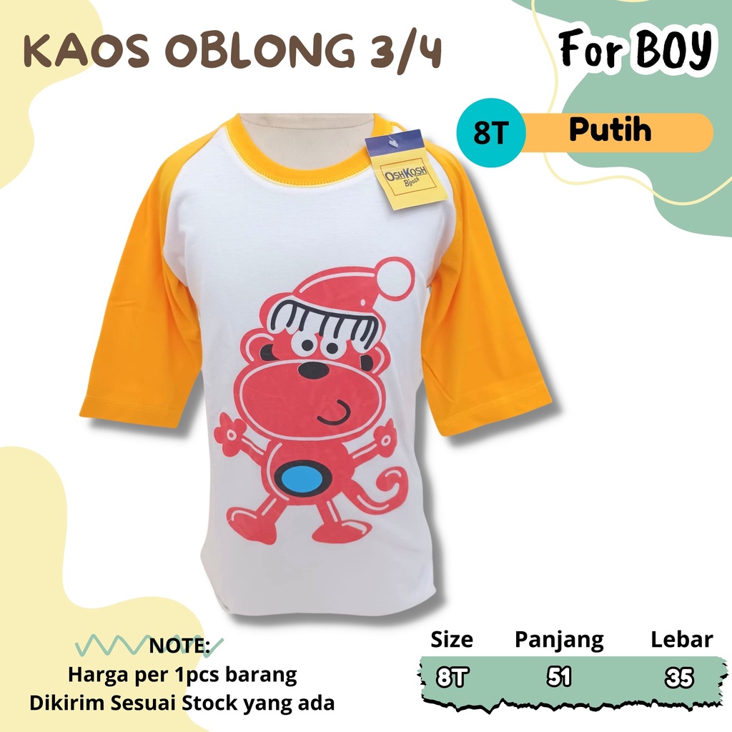 KAOS Oblong Lengan 3/4 Cowok usia 2 - 8 Tahun Atasan kaos lengan raglan anak laki laki tsirt boy