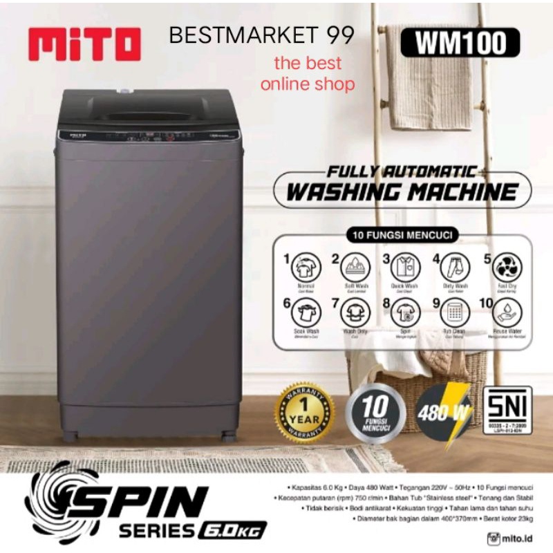 MITO WM100 WM 100 Mesin Cuci 6 KG Spin Series Fully Automatic Washing Machine Top loading