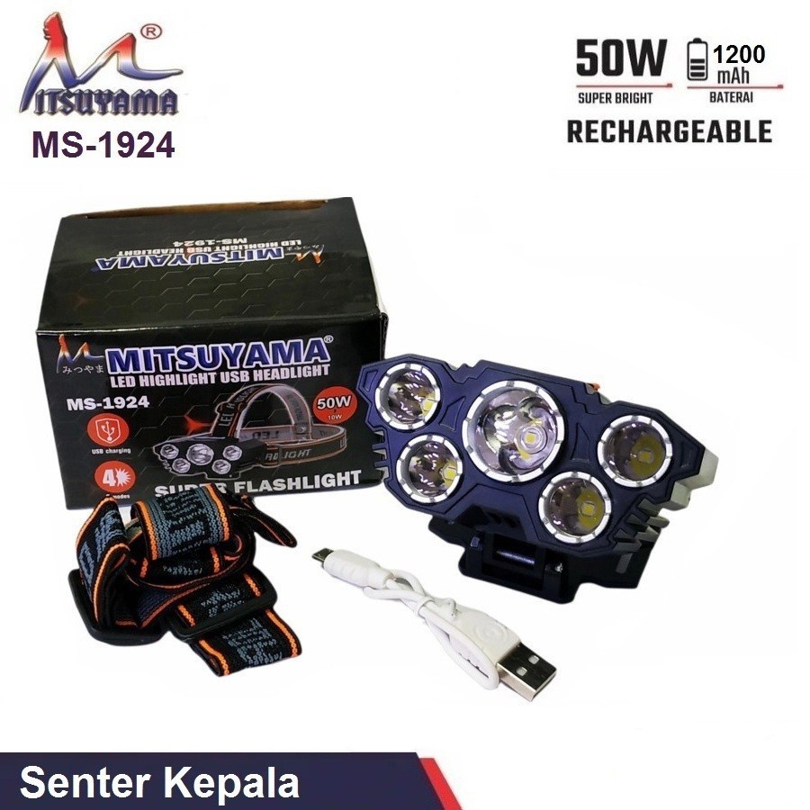 COD Senter Kepala LED 5 Mata 50 Watt MS-1924 Headlamp Mitsuyama USB Rechargeable Cahaya Putih