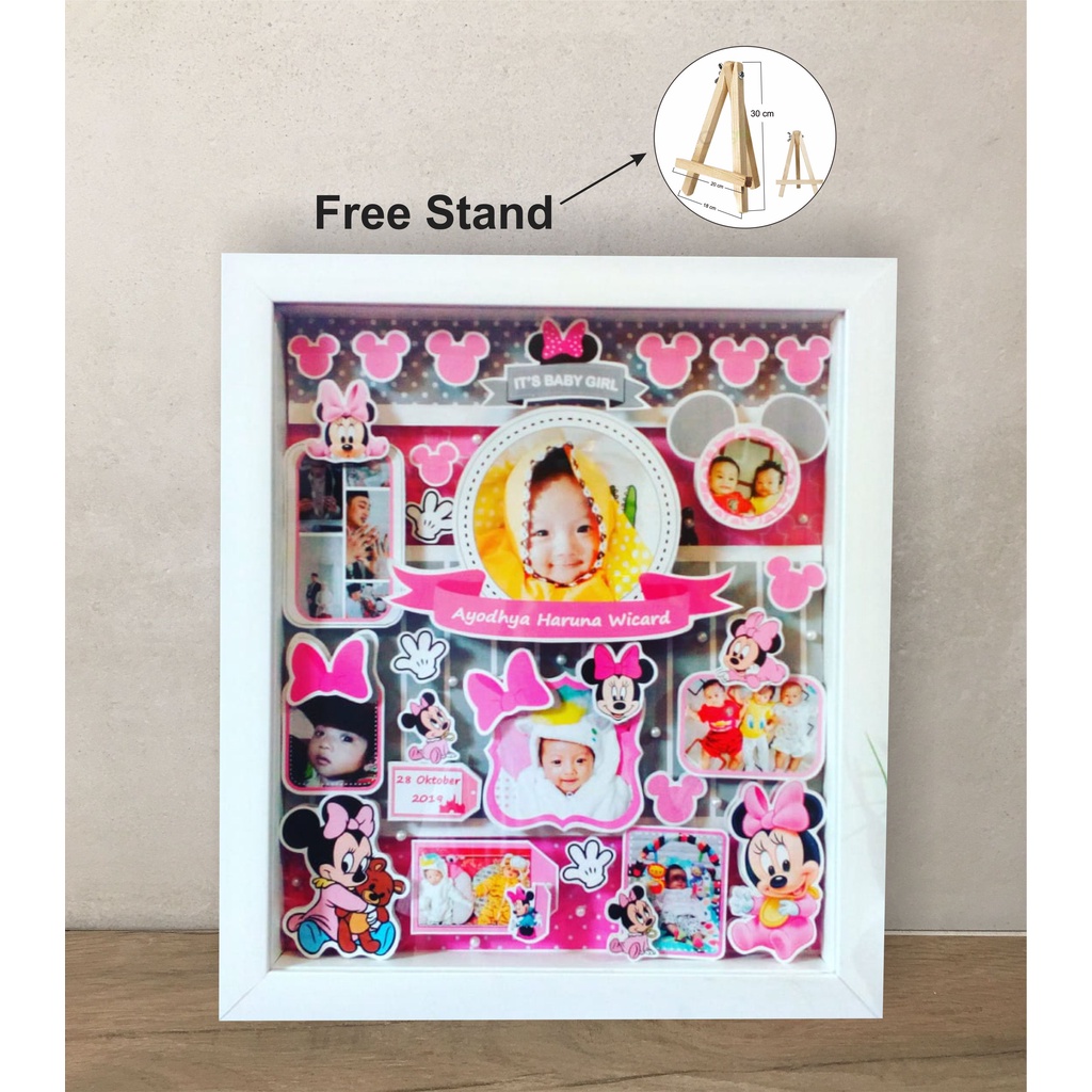 Kado Unik Pigura Biodata Bayi 3D Frame Pop Up  ( Minnie_mouse Theme )