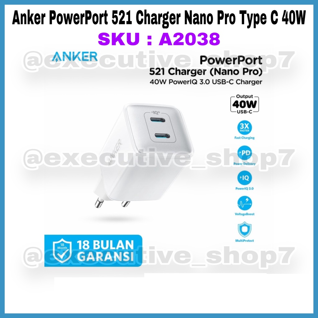 Anker PowerPort 521 Charger Nano Pro Type C 40W - SKU : A2038 - Garansi Resmi 18 Bulan