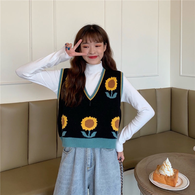 EUNII Korean Style Rompi Rajut Wanita V-neck Knit Vest Atasan Wanita