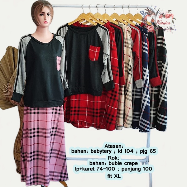 Setelan Cewek Kekinian Atasan Babyterry dan Rok Bubble Crepe / Fashion Set Baju Muslim Wanita Rok Tartan Kotak-Kotak Kaos Lengan Panjang Fit XL