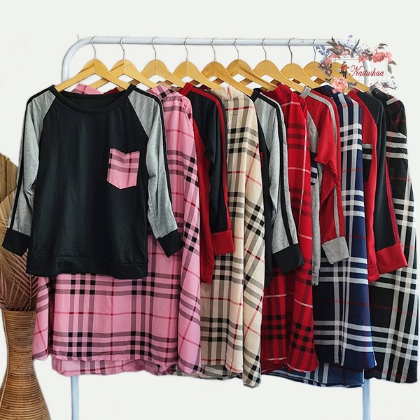 Setelan Cewek Kekinian Atasan Babyterry dan Rok Bubble Crepe / Fashion Set Baju Muslim Wanita Rok Tartan Kotak-Kotak Kaos Lengan Panjang Fit XL