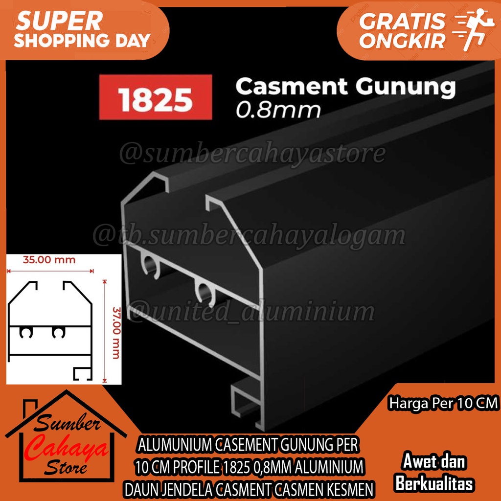 ALUMUNIUM CASEMENT GUNUNG PER 10 CM PROFILE 1825 0,8MM ALUMINIUM DAUN JENDELA CASMENT CASMEN KESMEN 