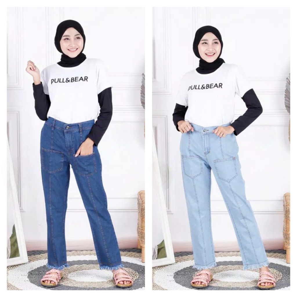 celana wanita jeans boyfriend saku depan bawah rawis