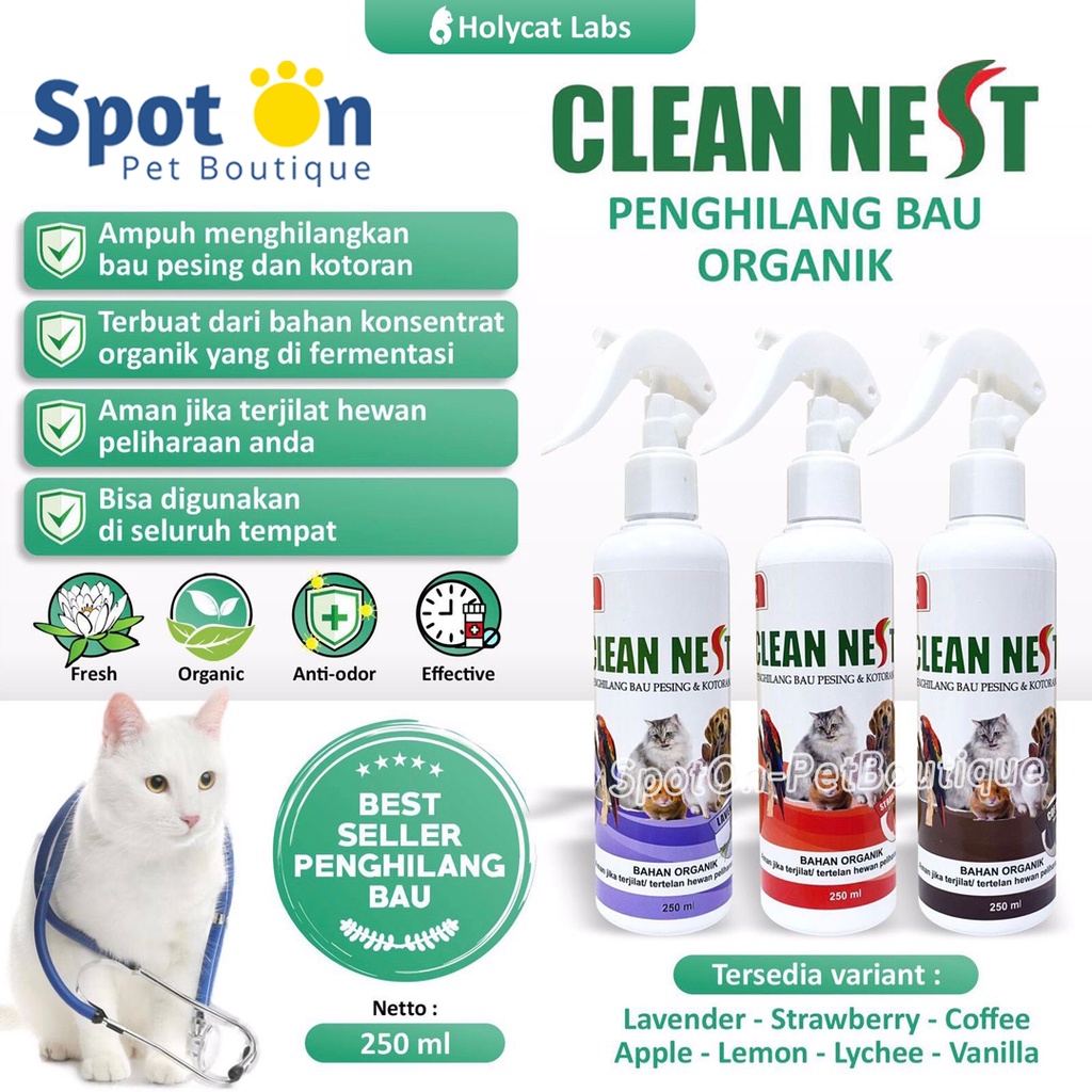 Clean Nest Penghilang Bau Kotoran Hewan dan Disinfektan 250ml | Cleanest Spray Penghilang Bau Pesing Pembunuh Bakteri Litter Box Kucing Anjing Kelinci Sugar Glider