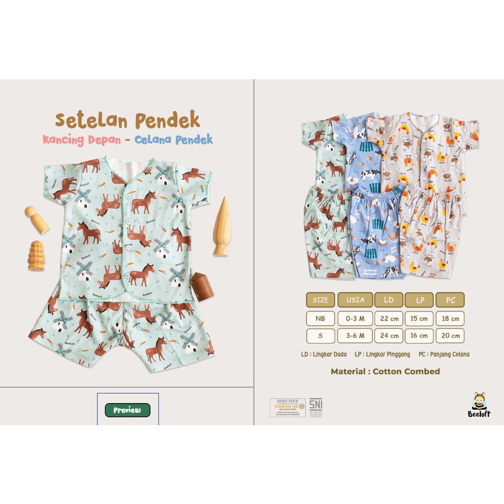 BeeLoft Setelan Baju Kancing Depan Pendek + Celana Pendek