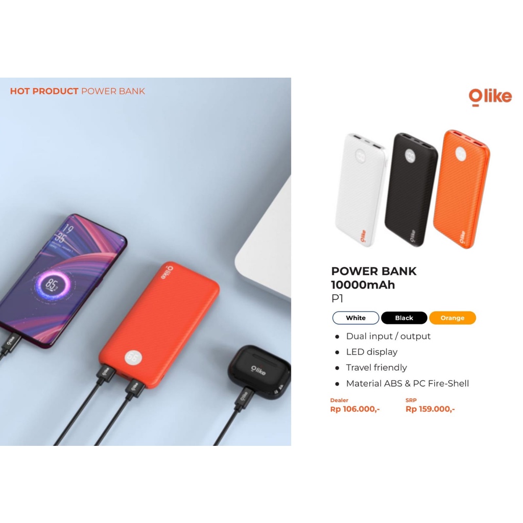 Olike Powerbank Dual USB Port Type C Micro USB 10.000 mAh LED Battery Display Fast Charging P1