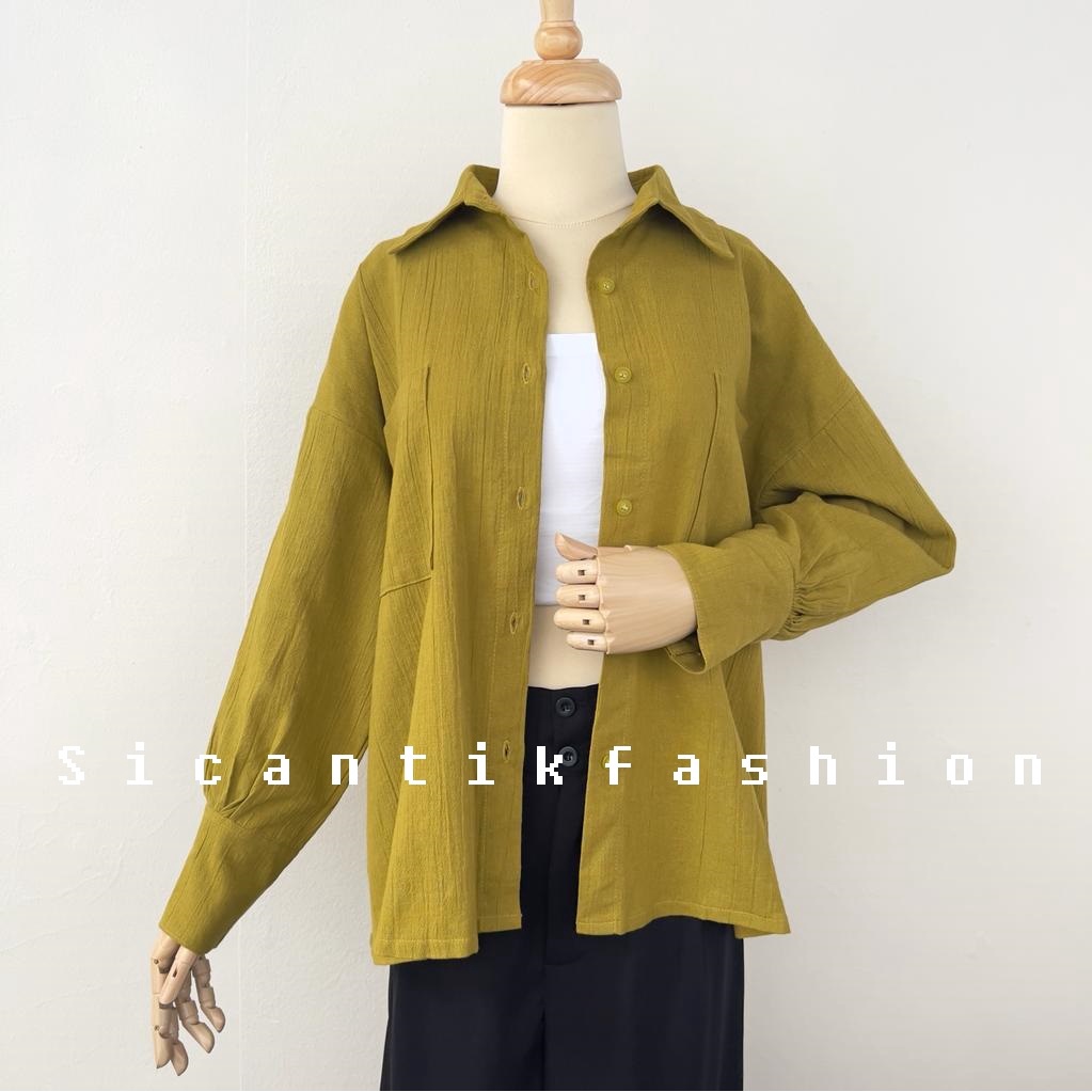 Kemeja Lengan Panjang Gaya Wanita Korea Bahan Linen Crinkle