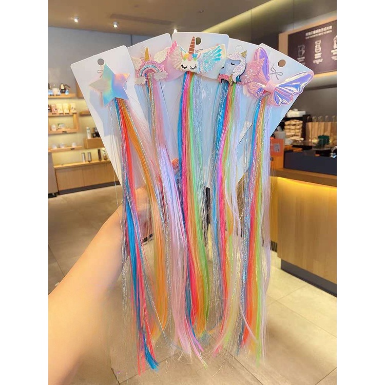 (Hello Girl) F198 Jepit Rambut Unicorn/Jepit Rambut Rainbow Model Rambut Palsu Wig Anak Perempuan Import