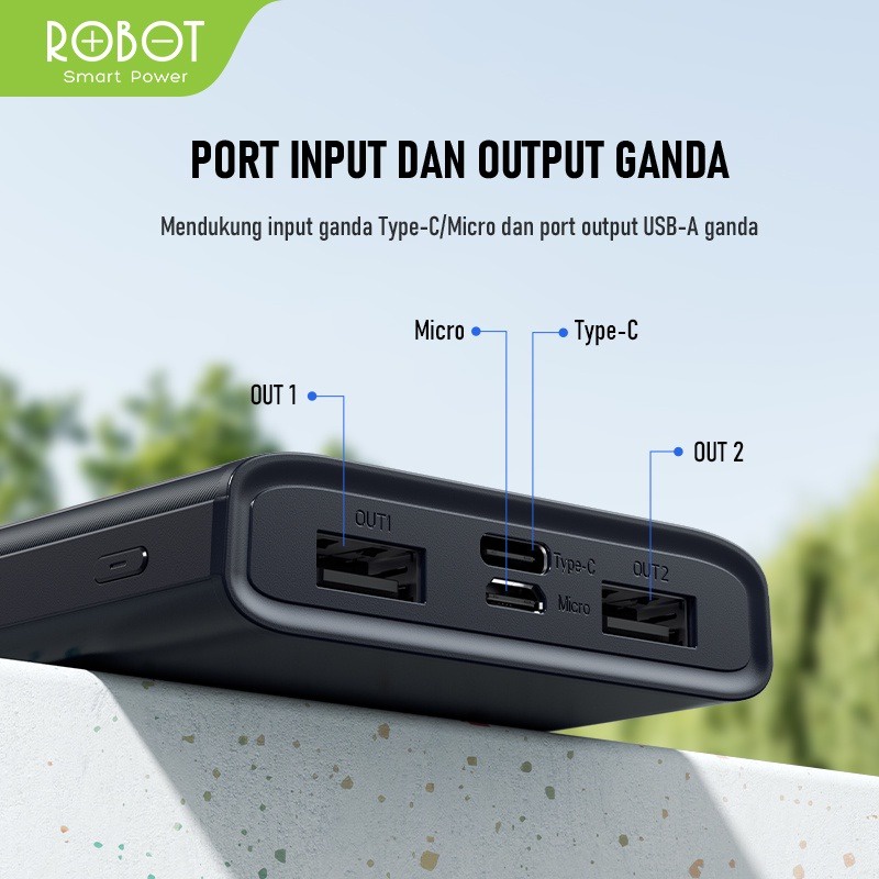 PowerBank ROBOT 10000mah RT190S 2A Dual Input and Output Port Type C &amp; Micro USB Original Fast Charging Real Capacity - Garansi Resmi 1 tahun