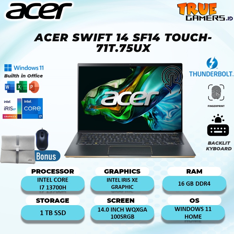 Laptop Acer Swift 14 Touch intel I7 13700H RAM 16GB 1TBssd win 11 ohs 14.0WQXGA 100SRGB