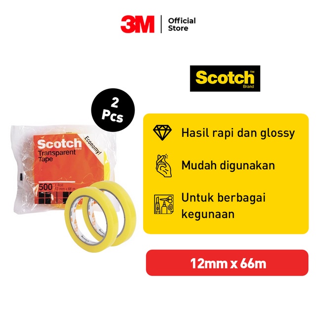 3M™ Scotch® Transparent Tape, Isolasi Transparan, Hasil rapi dan glossy, 2 pcs, 12mm x 66m, Medium, Untuk berbagai kegunaan