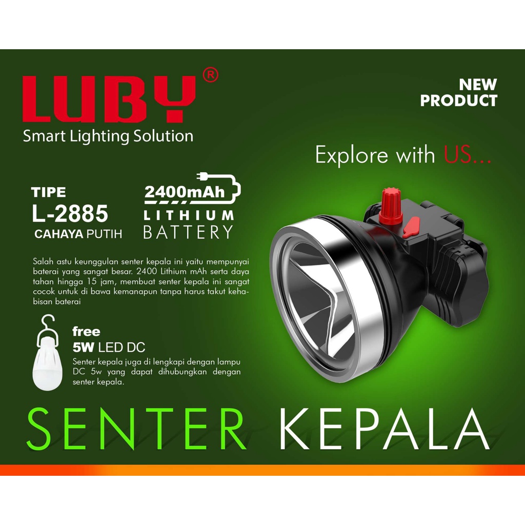 Luby Senter Kepala Super Terang L 2885 LAMPU PUTIH 20 Watt Tahan Air With Dimmer Switch Super LED Rechargeable FREE Lampu 5W LED DC Kabel Bundle 15 JAMM