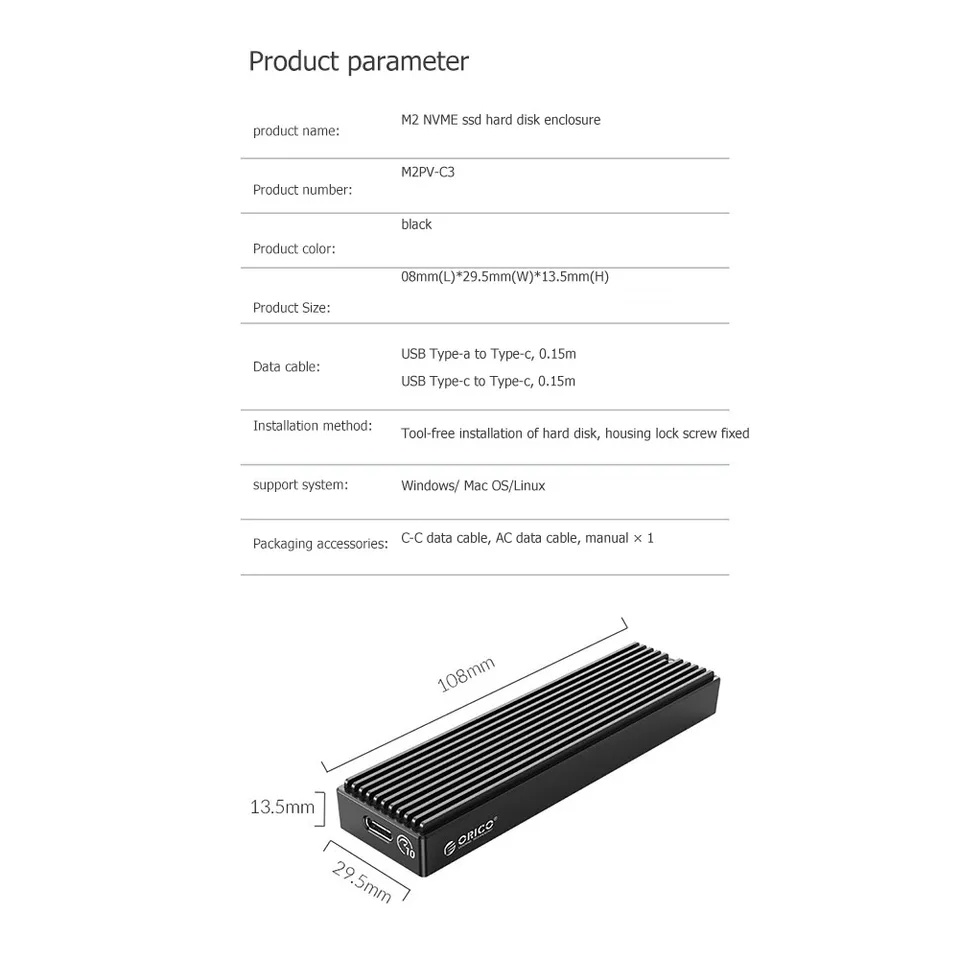 ORICO M2PV-C3 Casing SSD M.2 NVMe Enclosure External SSD