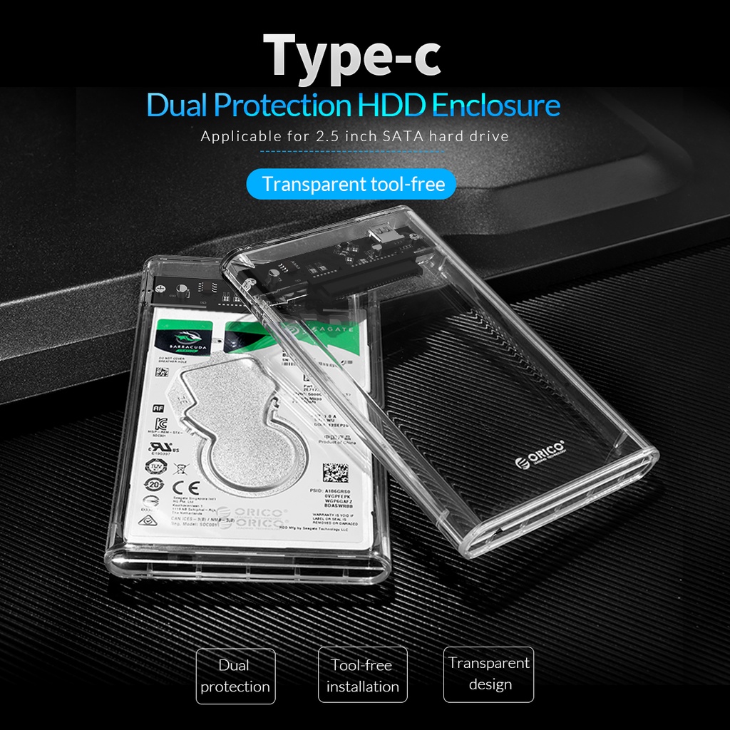 ORICO 2,5&quot; INCH Transparent HDD Case SATA to USB 3.1 Type C Casing Hard Drive OR2139C3