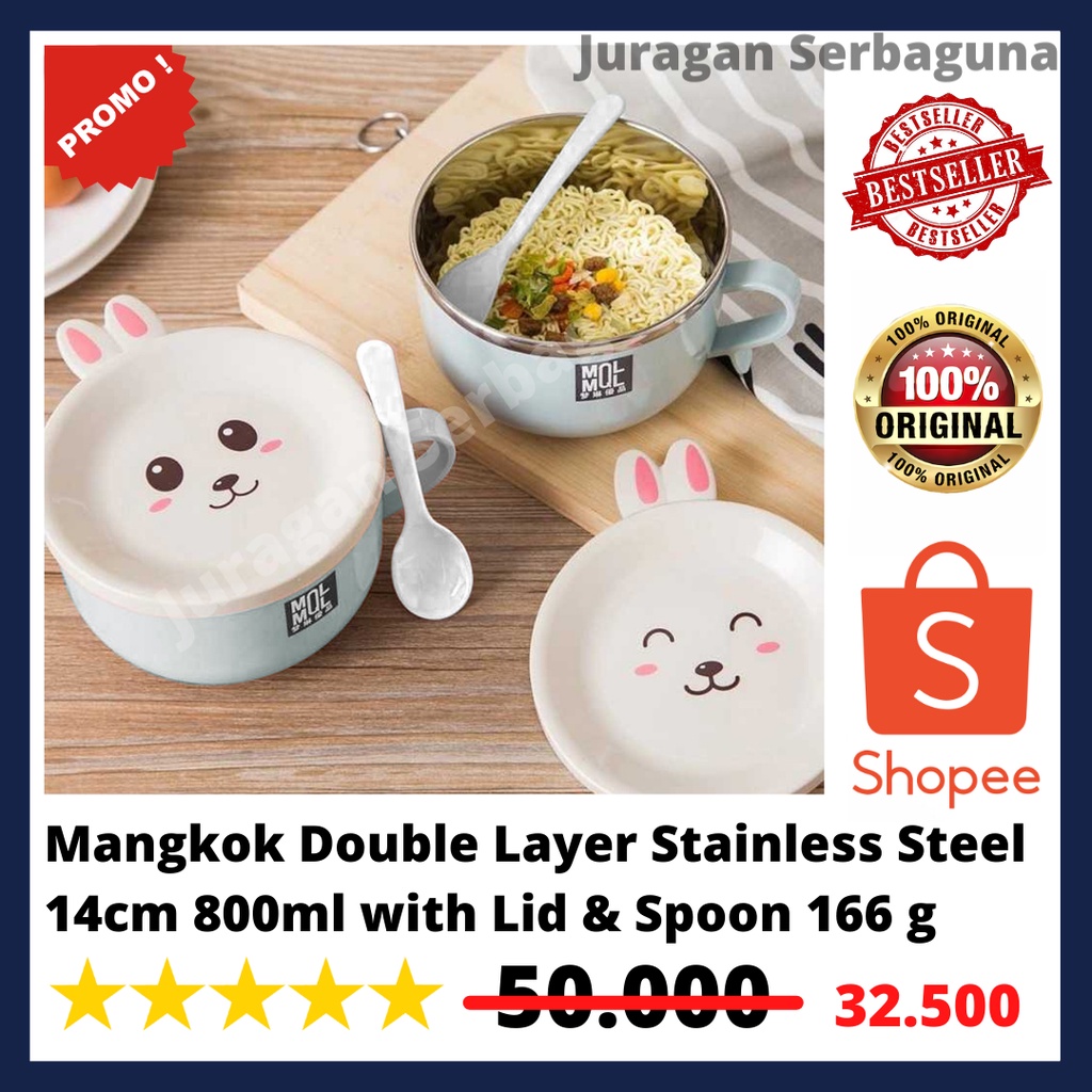 Mangkok Double Layer Stainless Steel 14cm 800ml with Lid &amp; Spoon 166 g