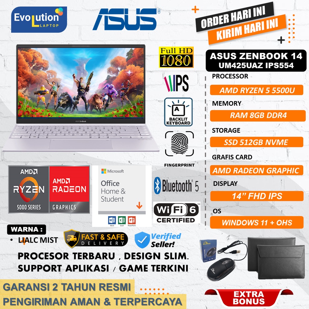 ASUS ZENBOOK 14 UM425UAZ IPS554 AMD RYZEN 5 5500U Ram 8GB 512GB RADEON 7 FHD IPS + OHS LILAC MIST