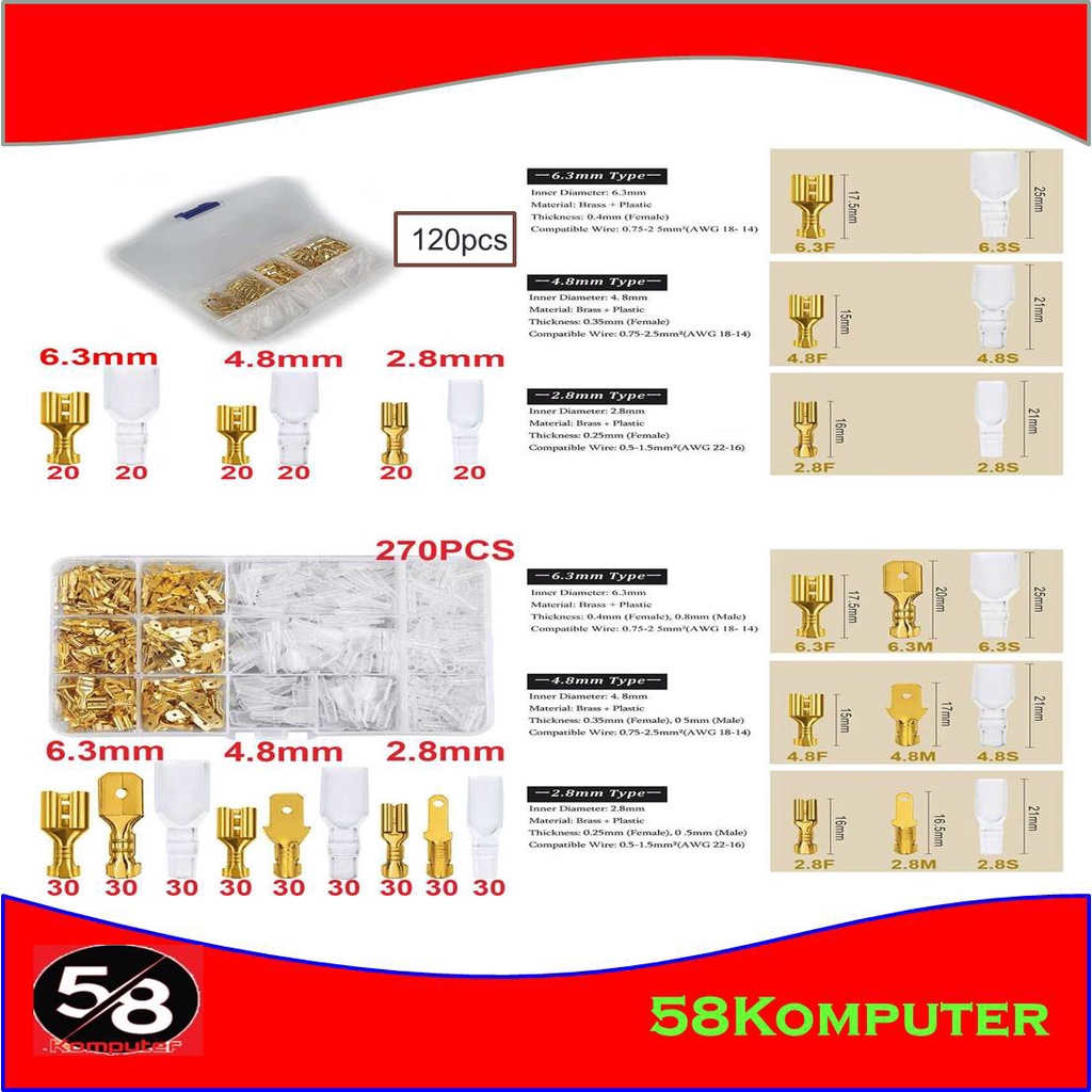 Terminal Wire Crimp Connector Spade Kit 270 PCS Skun Sekun Terminal Kabel Gepeng Cowo Cewe 270PCS Skun Konektor Gepeng Terminal Skun Cewek Cowok Kit 270 PCS