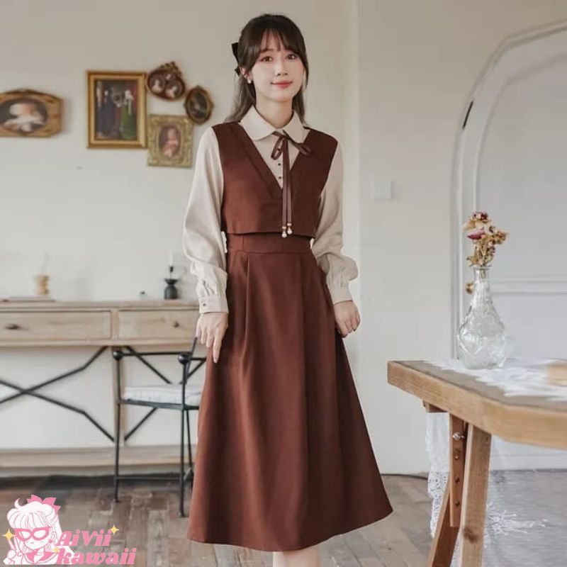 MIDI DRESS KOREA RETRO BROWN