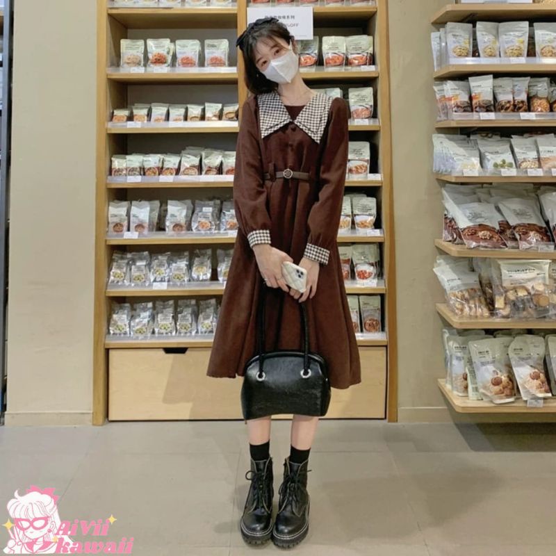 DRESS KOREA MIDI RETRO PLAID COLLAR