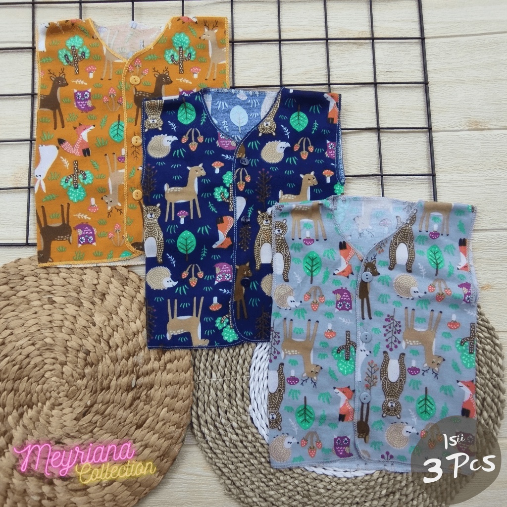 3 PCS Baju Bayi Baru Lahir Lengan Kutung Motif Printing Animals Zoo Usia 0-3 Bulan Meyriana Collection