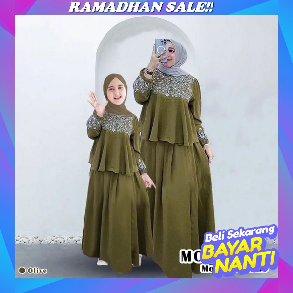 Humaira99 Gamis Syari Couple Mahalini 2 Bahan Ceruty Babydoll Printing Gamis Couple Keluarga Ibu&Ana