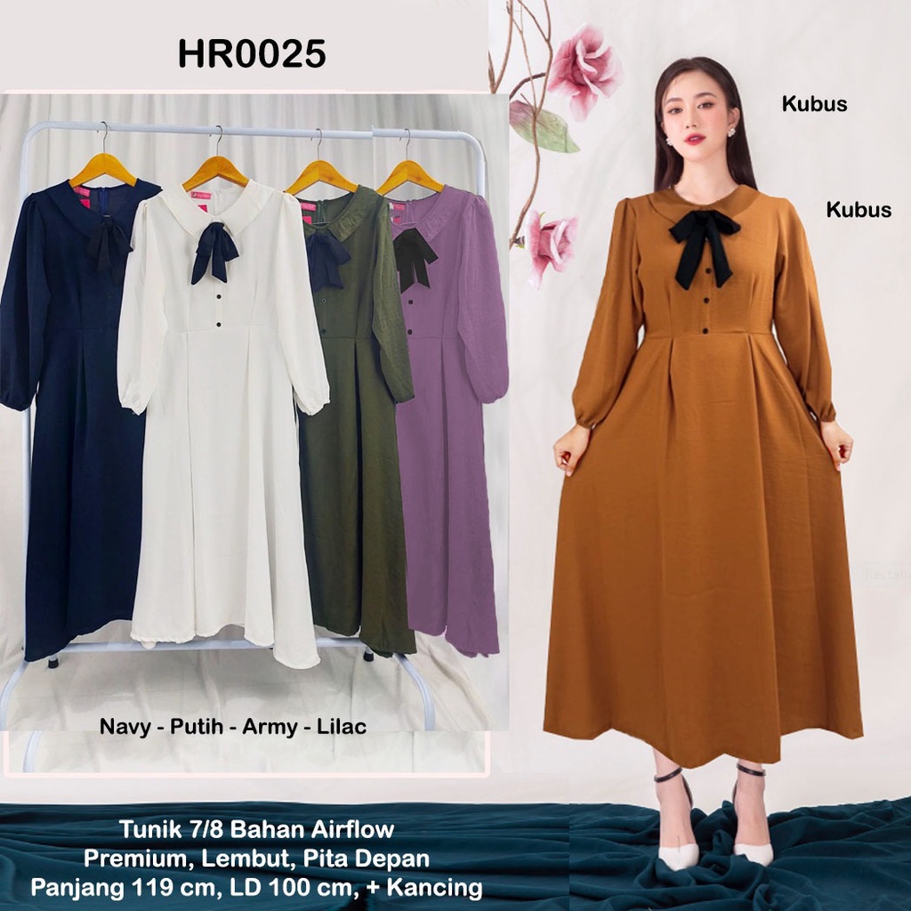 HR0025 Tunik 7/8 Bahan Airflow Premium Pita di Depan Stretch / Tunik Dress Hijab / Gamis Pita Lebaran