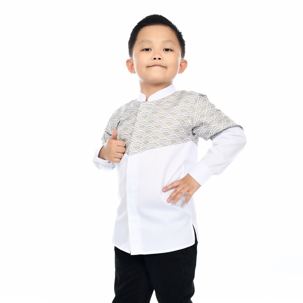 Baju Koko Muslim Anak Laki-Laki Lengan Panjang Kombinasi Motif Batik Toyobo