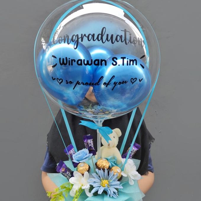 Bucket buket balon Ferrero Rocher mix Cadbury bouquet Snack Caldora.id - biru gold