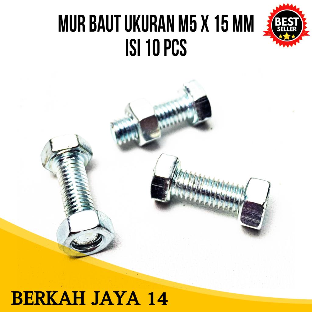 MUR BAUT ISI 10 PCS UKURAN M5X15 MM WARNA PUTIH HEXAGON HEX BMK BAHAN BESI TEBAL HARGA MURAH BERKUALITAS