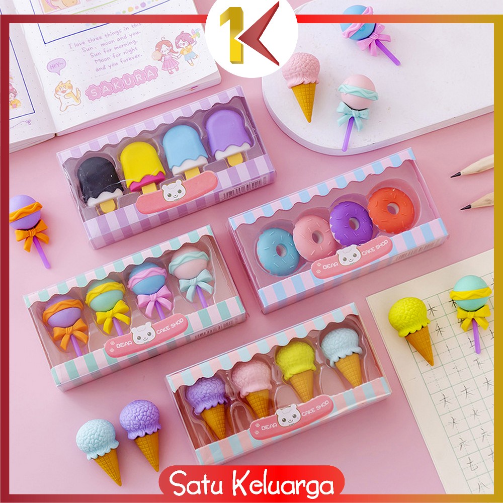 SK-A53 Penghapus Pensil Set 4IN1 Motif Lolipop / Alat Tulis Penghapus Lucu Isi 4pcs Karakter Donat Eraser Ice Cream Import