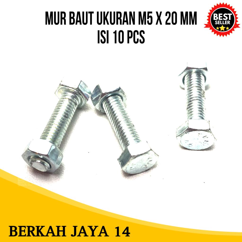 MUR BAUT ISI 10 PCS UKURAN M5X20 MM WARNA PUTIH HEXAGON HEX BMK BAHAN BESI TEBAL HARGA MURAH BERKUALITAS