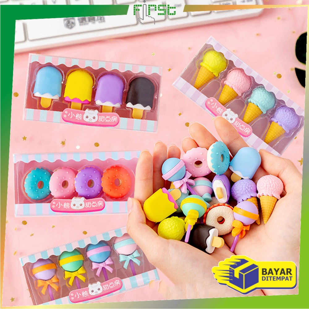 FH-A53 Penghapus Pensil Set 4IN1 Motif Lolipop / Alat Tulis Penghapus Lucu Isi 4pcs Karakter Donat Eraser Ice Cream Import