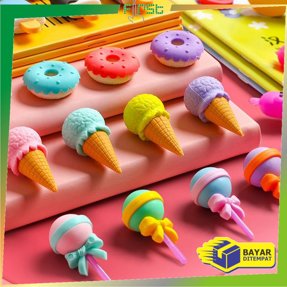 FH-A53 Penghapus Pensil Set 4IN1 Motif Lolipop / Alat Tulis Penghapus Lucu Isi 4pcs Karakter Donat Eraser Ice Cream Import