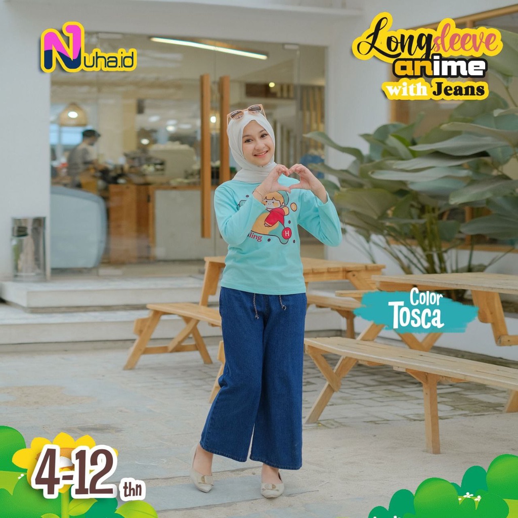 Set Longsleeve Jeans Kulot Anime Nuha.ID|Setelan Baju Anak Perempuan Murah|Set Anak Perempuan|Kulot 