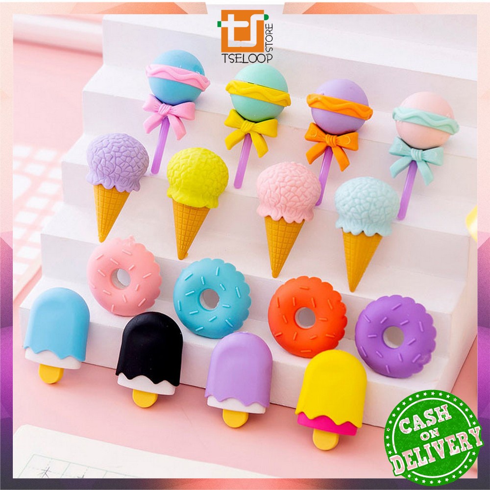 OFM-A53 Penghapus Pensil Set 4IN1 Motif Lolipop / Alat Tulis Penghapus Lucu Isi 4pcs Karakter Donat Eraser Ice Cream Import